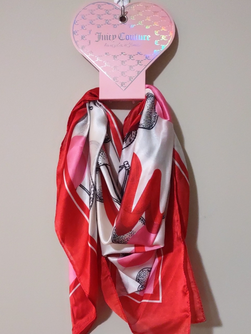 NWT Juicy Couture "Cherry Heart" Satin Square Scarf Red White